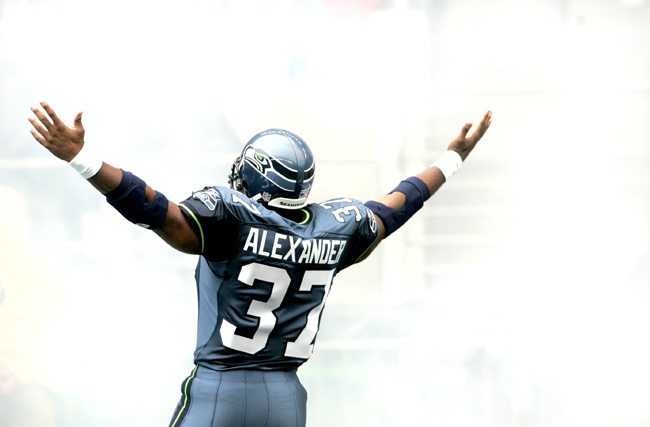 Shaun Alexander celebrates a touchdown.